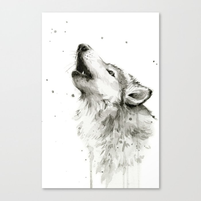 700x700 Wolf Howling Watercolor Animals Painting Black And White Canvas - Watercolor Animals
