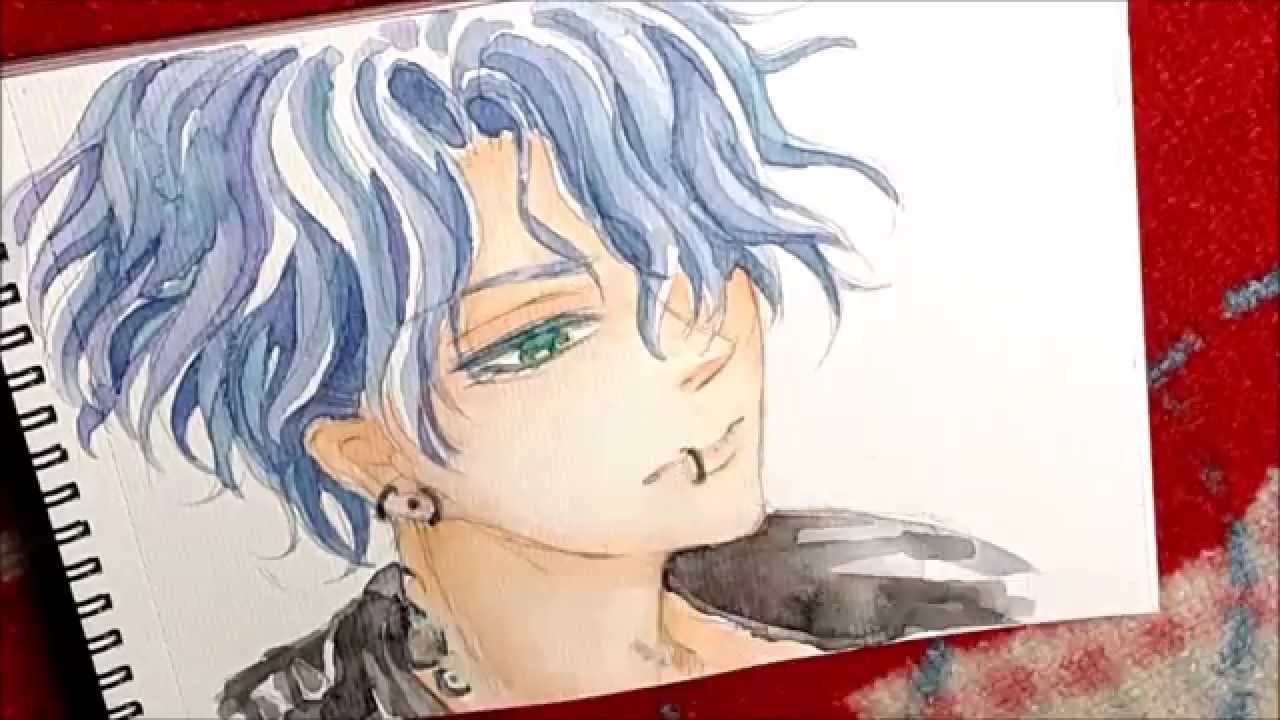 1280x720 Anime Boy With Sakura Koi Pentel Watercolor [Speedpaint] Aoi - Watercolor Anime Art