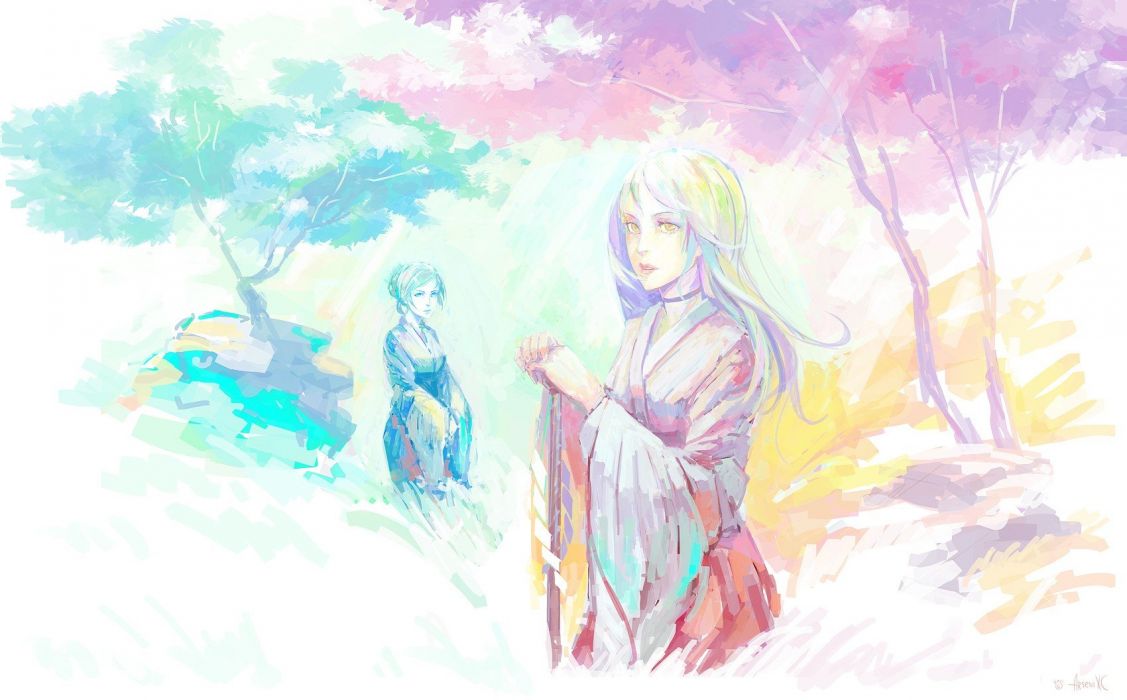 1127x700 Yukata Watercolor Japanese Clothes Anime Girls Wallpaper - Watercolor Anime Girl