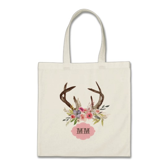 540x540 Watercolor Antlers Flowers Custom Monogram Tote Bag - Watercolor Antlers
