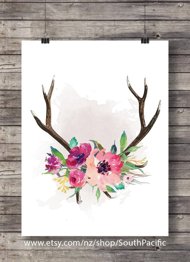 642x883 Watercolor Antlers Flowers Print Printable Art Art Print Deer Etsy - Watercolor Antlers