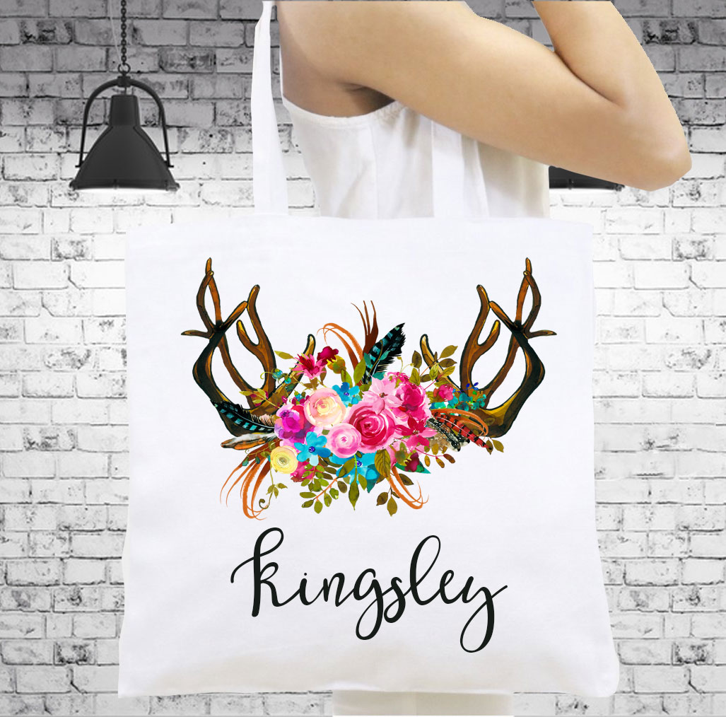 1027x1014 Watercolor Flowers Amp Antlers Personalized Tote Book Bag - Watercolor Antlers