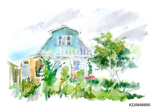 500x354 Country House, Apple Tree And Garden. Flower Garden Sketch - Watercolor Apple Tree