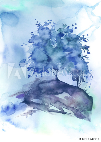 354x500 Watercolor Drawing Of A Tree, Maple, Apple Tree On A Blue Abstract - Watercolor Apple Tree
