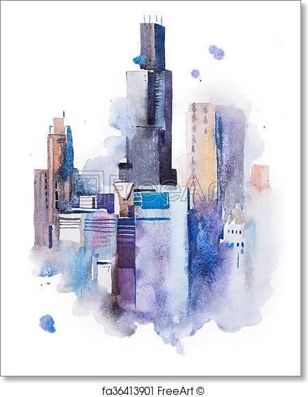 450x580 Free Art Print Of Watercolor Drawing Cityscape Big City Downtown - Watercolor Aquarelle