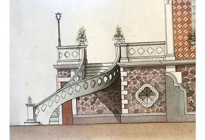 700x476 Original 19c Watercolor Architectural Drawing Omero Home - Watercolor Architectural Drawings