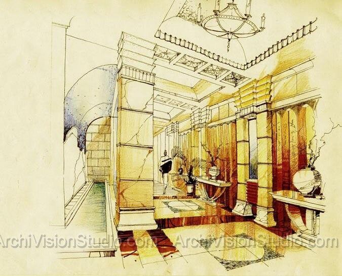 675x546 Rendering On Colored Paper Watercolor Sketches Arch - Watercolor Architectural Drawings