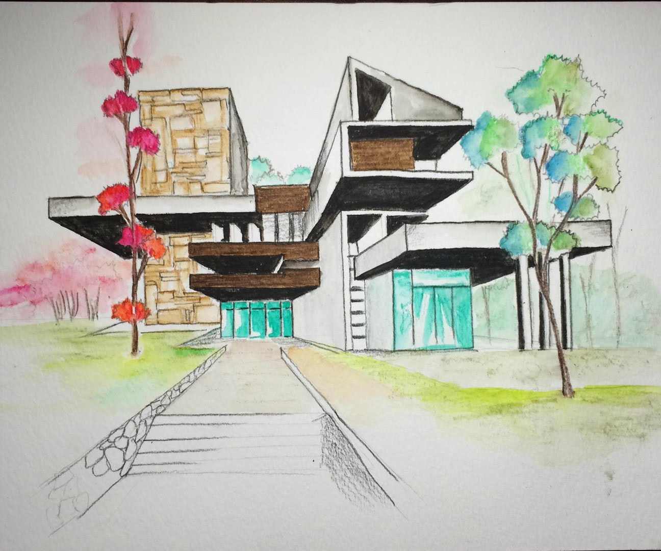 1296x1080 Watercolor Pencil Art 2 Architectural Freehand One Point - Watercolor Architectural Drawings