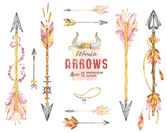 570x453 Ethnic Arrows. 12 Watercolor Hand Painted Clipart Elements - Watercolor Arrow