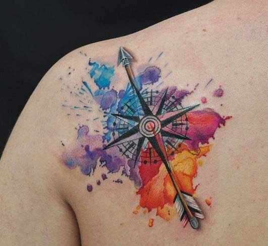 532x487 Watercolor Compass And Arrow Nautical Tattoo On Back Shoulder - Watercolor Arrow Tattoo