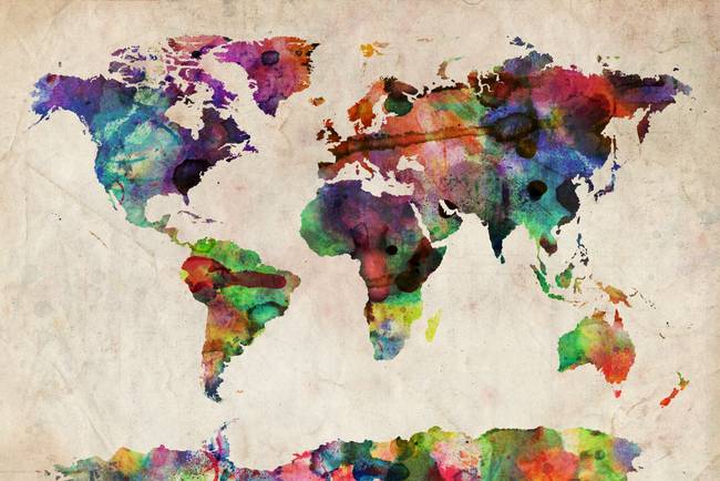 650x434 World Map Urban Watercolor By Michael Tompsett - Watercolor Art