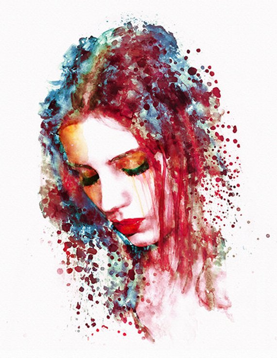 570x738 Sad Woman Instant Download Watercolor Painting Wall Art Girl Etsy - Watercolor Art Girl