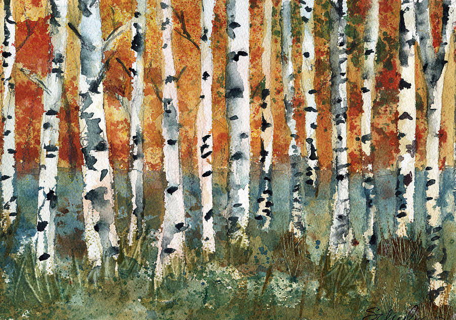 900x632 Landscape Painting Art Watercolor Birch Trees Aspen Trees Scene - Watercolor Aspen Trees