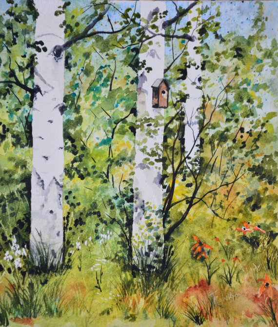 570x670 Original Art Painting Fine Art Watercolor Aspen Tree Bird Etsy - Watercolor Aspen Trees