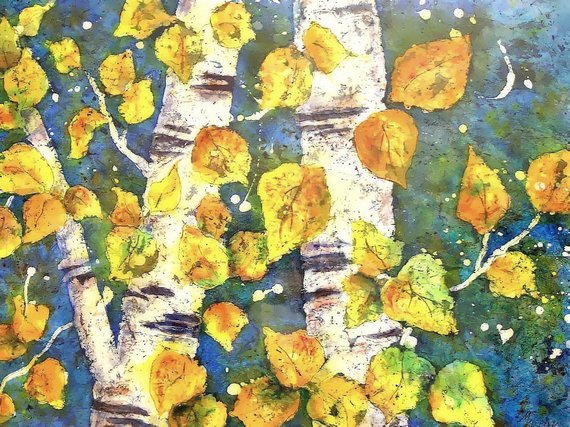 570x427 Watercolor Batik Aspen Trees Birch Tree Watercolor Batik Etsy - Watercolor Aspen Trees