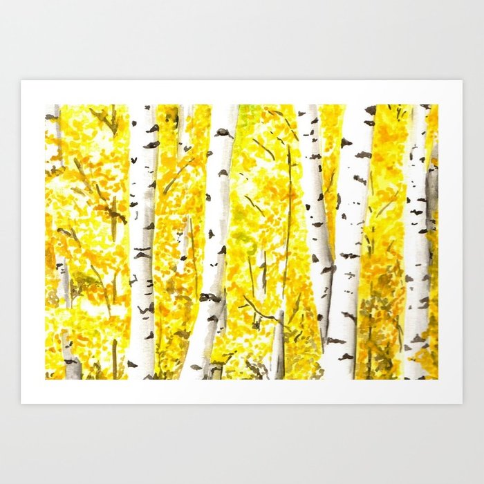 700x700 Yellow Aspen Trees Watercolor Art Painting Yellow Birches Wall - Watercolor Aspen Trees