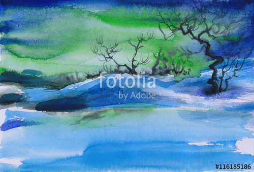 500x339 Beautiful Aurora Winter Landscape With Frosted Trees And Snowy - Watercolor Aurora