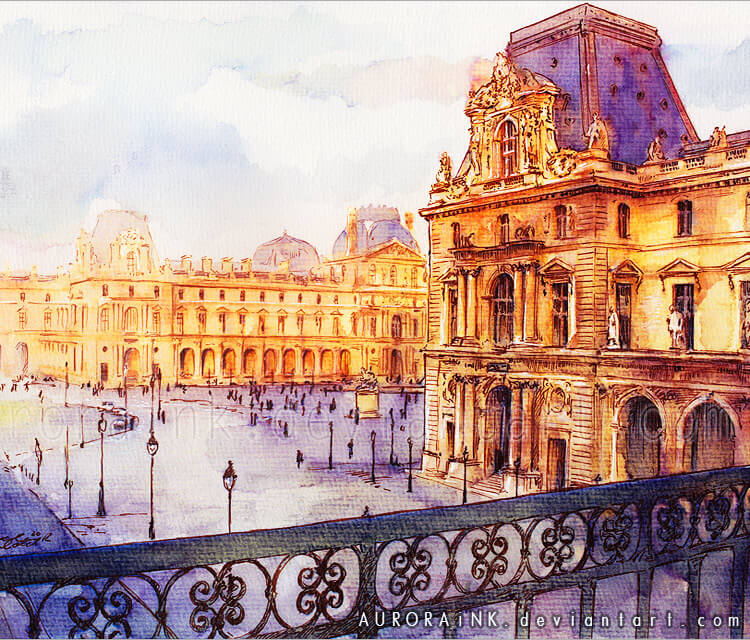 750x640 Louvre Watercolor Painting By Aurora Wienhold No. 2417 - Watercolor Aurora