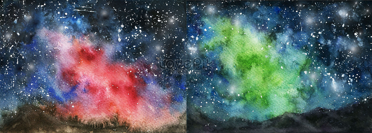1200x429 Watercolor Aurora Starry Wallpaper Photo Images Scenery Pictures - Watercolor Aurora