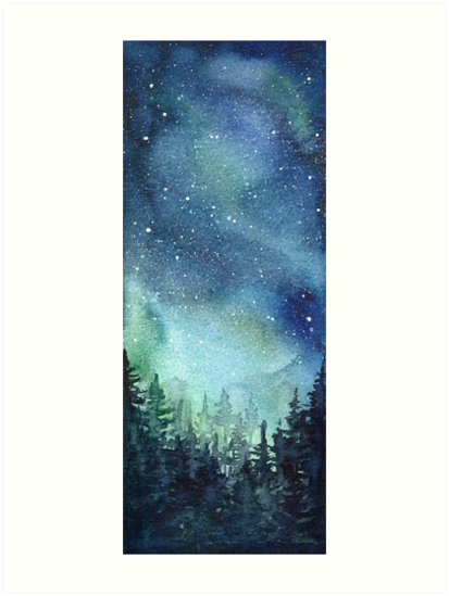 413x549 Watercolor Galaxy Nebula Aurora Northern Lights Painting Art - Watercolor Aurora