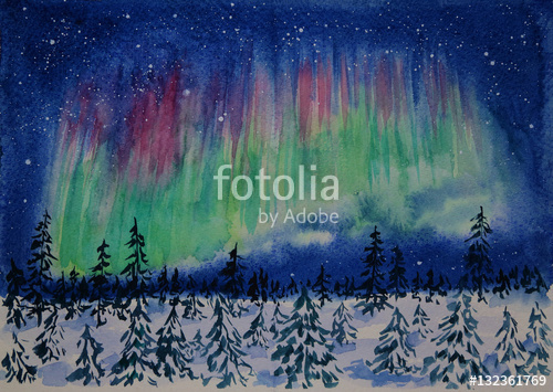 500x355 Winter Aurora Borealis Watercolor Painting Stock Photo And - Watercolor Aurora