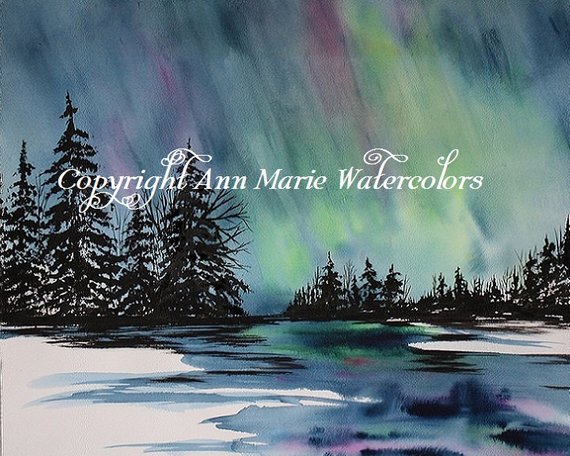 570x456 Aurora Borealis Northern Lights Landscape Watercolor Print Etsy - Watercolor Aurora Borealis