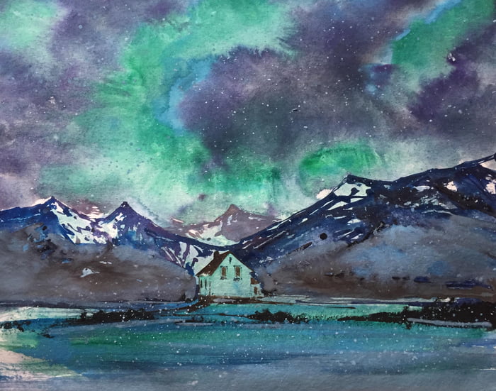 700x551 Aurora Borealis In Watercolor - Watercolor Aurora Borealis
