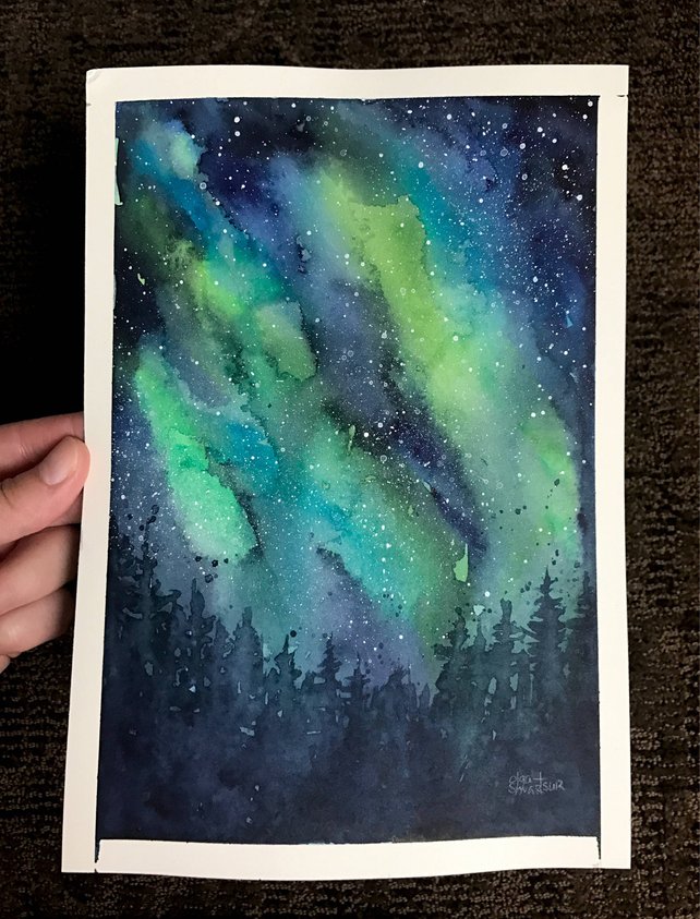 642x843 Galaxy Watercolor Northern Lights Painting Galaxy Art Aurora Etsy - Watercolor Aurora Borealis