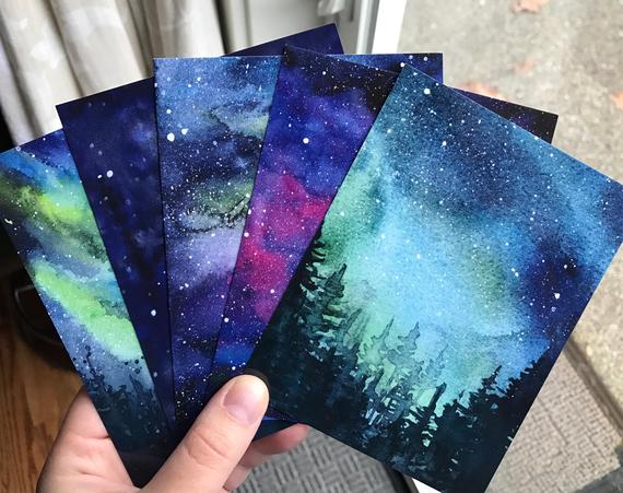 570x451 Galaxy Watercolor Postcards Set Of 5 Nebula Art Aurora Etsy - Watercolor Aurora Borealis