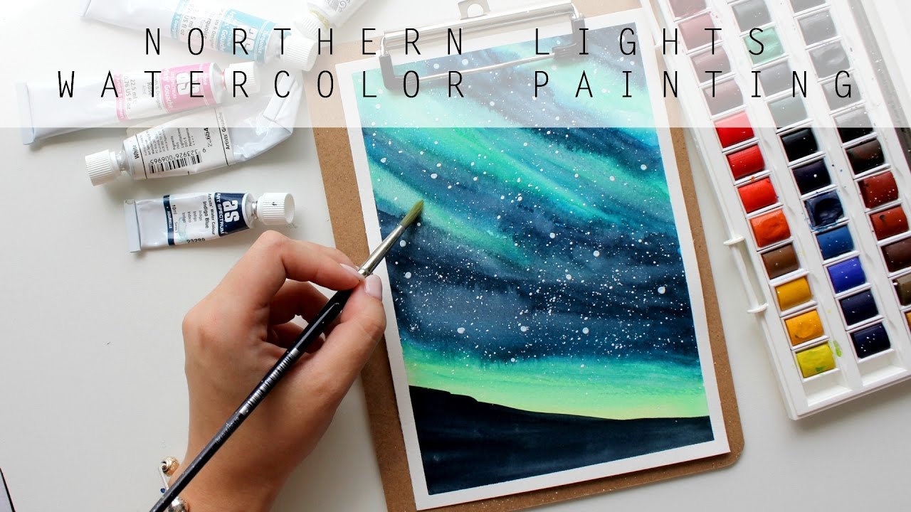 1280x720 Northern Lights Sky Lights Up Above Watercolor Painting Time - Watercolor Aurora Borealis