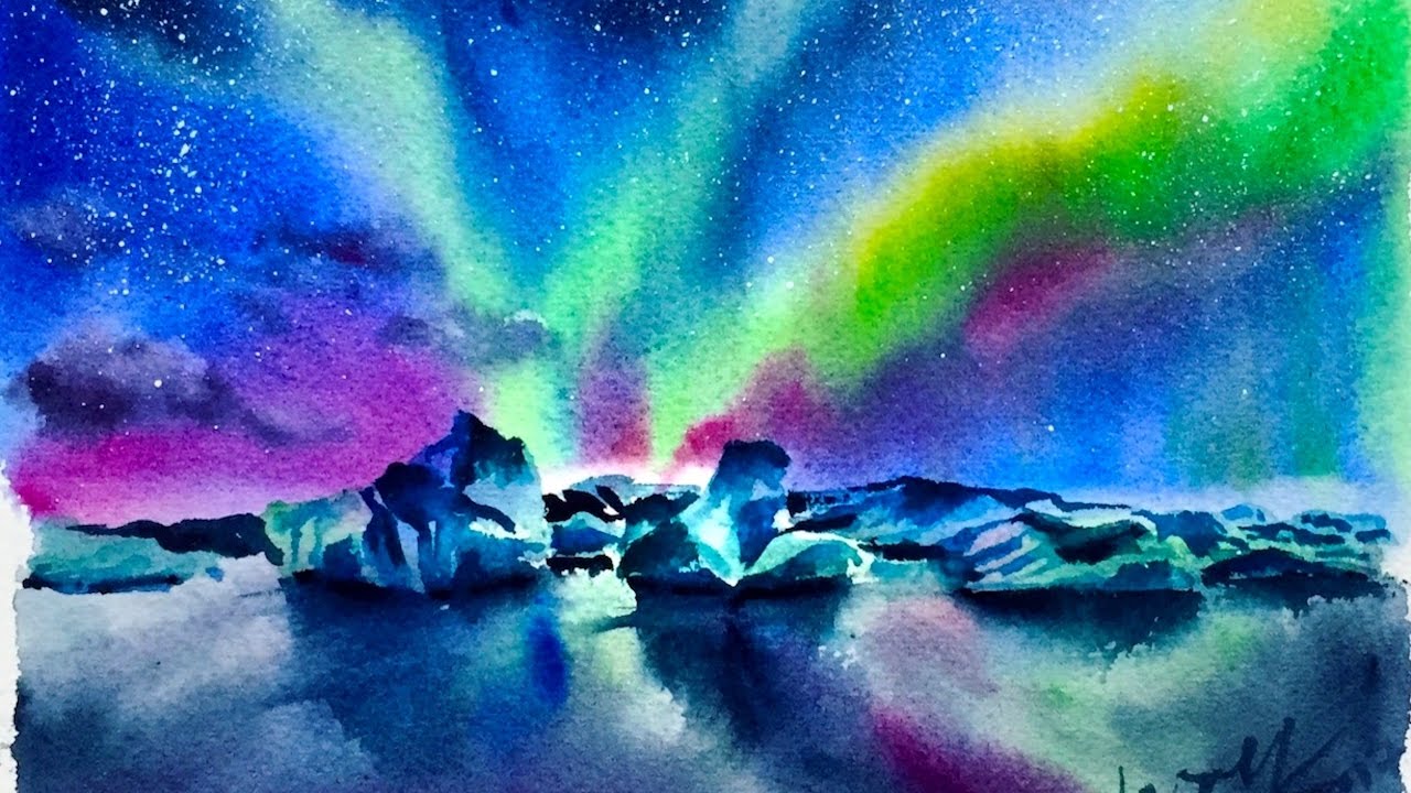 1280x720 Watercolor Aurora Glacier Demonstration - Watercolor Aurora Borealis