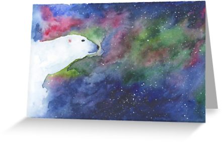 441x283 Watercolor Polar Bear With Aurora Borealis Greeting Cards By - Watercolor Aurora Borealis