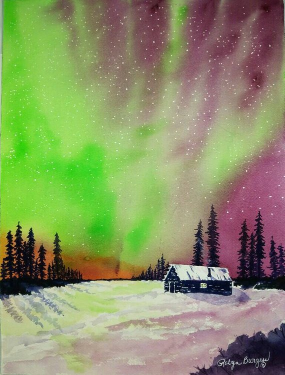 570x751 Alaska Northern Lights Aurora Borealis Original Watercolor Etsy - Watercolor Aurora Borealis