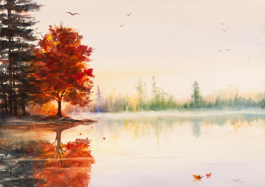 900x634 Early Autumn Reflections Watercolor Painting Painting By Michelle - Watercolor Autumn Scenes
