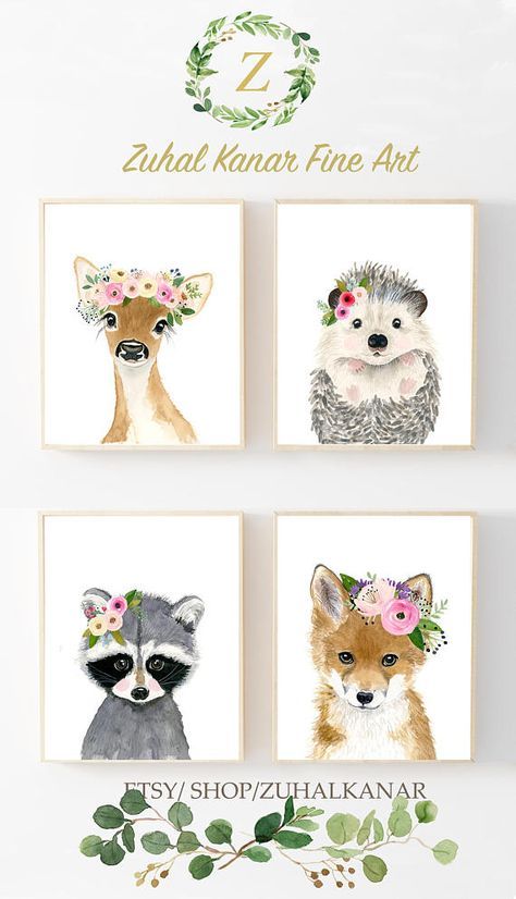 474x826 Baby Animals Print Set, Set Of 4 Prints, Baby Girl Nursery - Watercolor Baby Animals