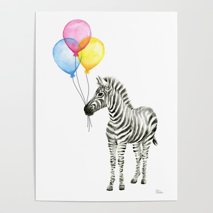 700x700 Zebra With Balloons Watercolor Baby Animals Poster By Olechka - Watercolor Baby Animals