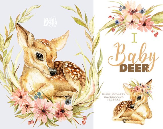 570x453 Little Baby Deer. Watercolor Animal Clipart Floral Wreath Etsy - Watercolor Baby Deer
