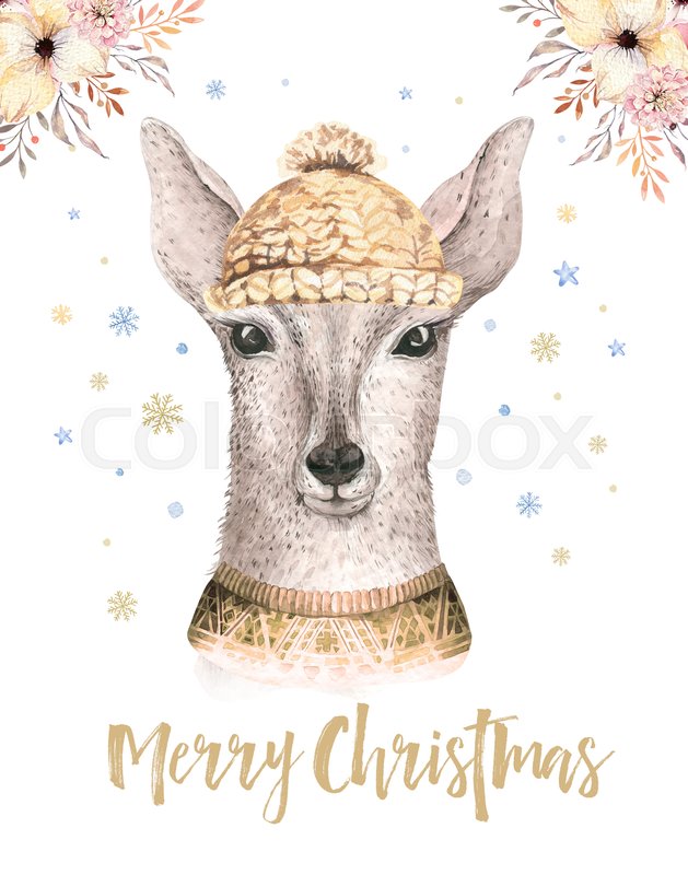 629x800 Merry Christmas Watercolor Card With Little Fawl. Baby Deer Happy - Watercolor Baby Deer