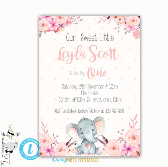 570x568 Girl Elephant Baby Shower Invitation, Safari Elephant Invitation - Watercolor Baby Elephant