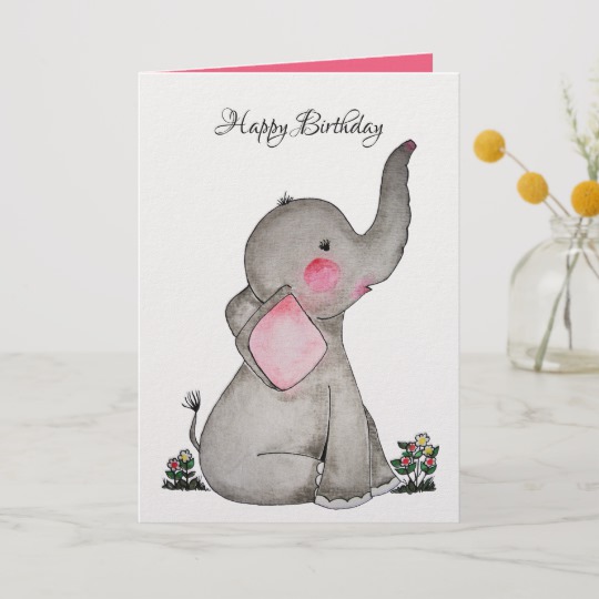 540x540 Watercolor Cute Baby Elephant With Blush Amp Flowers Card Zazzle.co.uk - Watercolor Baby Elephant