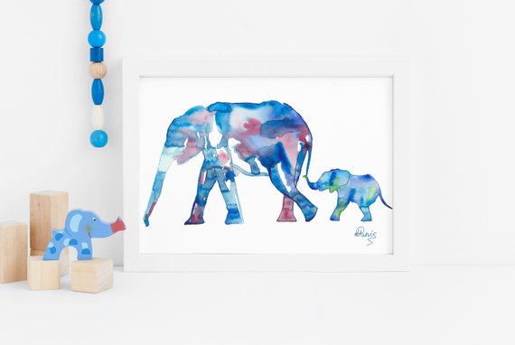 570x382 Baby Elephant Art Mother Baby Elephant Watercolor Painting Etsy - Watercolor Baby Elephant
