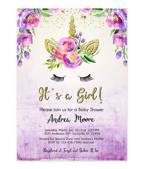 494x580 Unicorn Gold Glitter Purple Watercolor Baby Shower Editable Invite - Watercolor Baby Shower