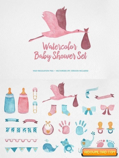 500x666 Watercolor Baby Shower Set Free Download Free Graphic Templates - Watercolor Baby Shower
