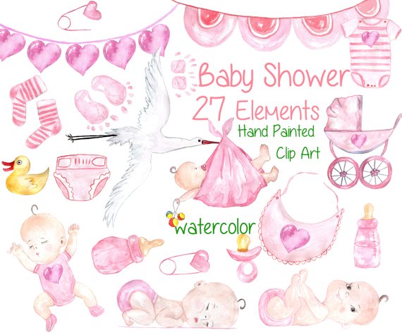 570x475 Watercolor Baby Girl Clipart Baby Shower Clipart Etsy - Watercolor Baby Shower