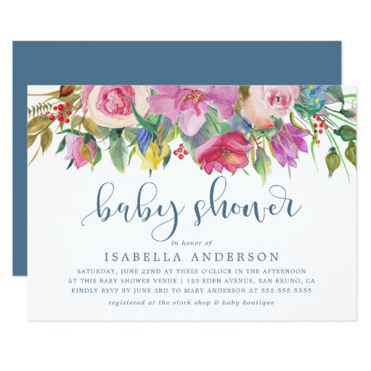 540x540 Floral Watercolor Amp Baby Shower Script On Blue Invitation - Watercolor Baby Shower