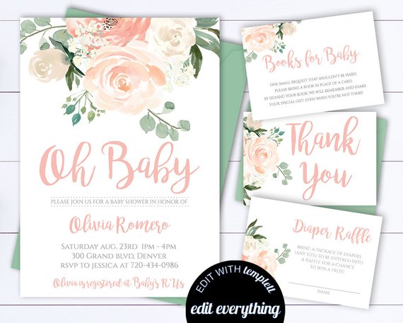 570x456 Floral Baby Shower Invitation Template Floral Watercolor Baby Etsy - Watercolor Baby Shower Invitations