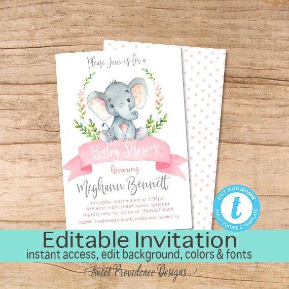570x570 Girl Elephant Baby Shower Invitation, Safari Elephant Invitation - Watercolor Baby Shower Invitations
