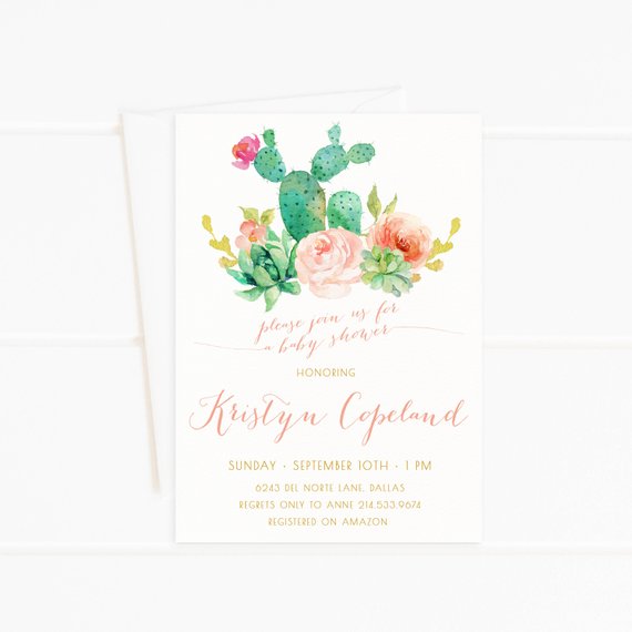 570x570 Baby Shower Invitation Girl Succulent Cactus Watercolor Etsy - Watercolor Baby Shower Invitations
