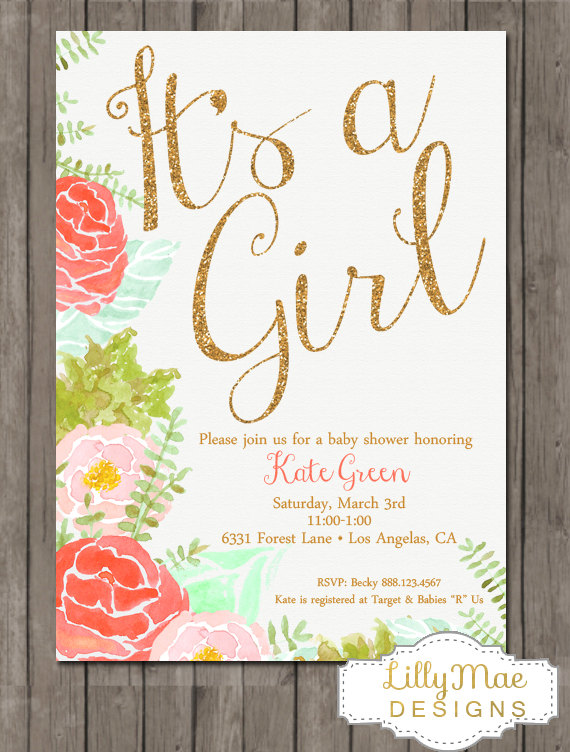570x752 Watercolor Baby Girl Shower Invitation, Coral And Mint Baby Shower - Watercolor Baby Shower Invitations