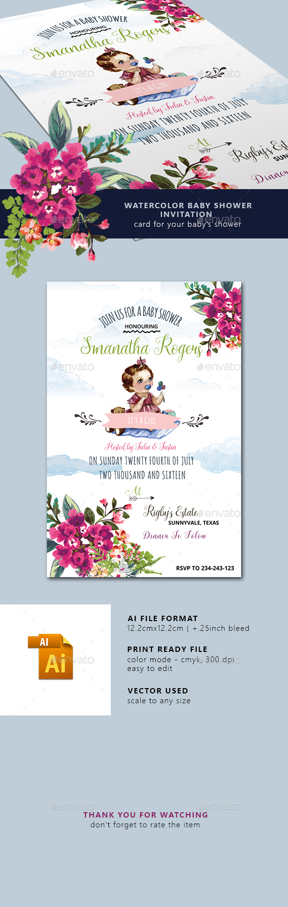590x1856 Watercolor Baby Shower Invitation By Squirrel92 Graphicriver - Watercolor Baby Shower Invitations